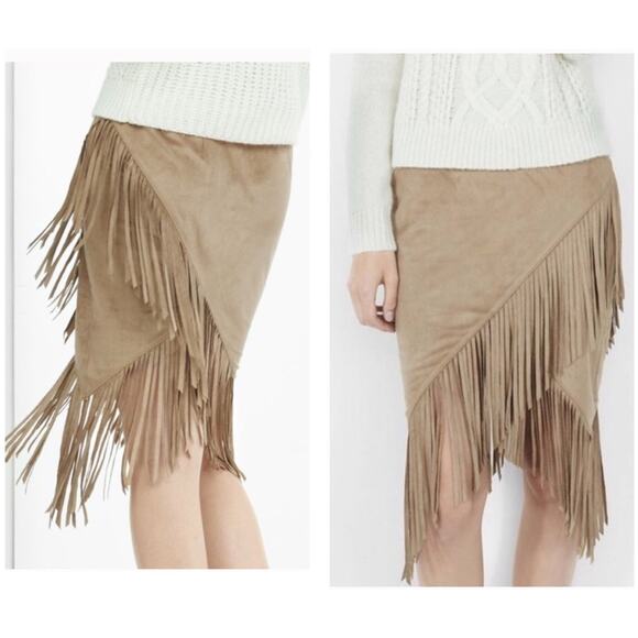 Express Faux Suede Symmetrical Fringe Skirt in a tan/ brown colour size 4 - Picture 1 of 10